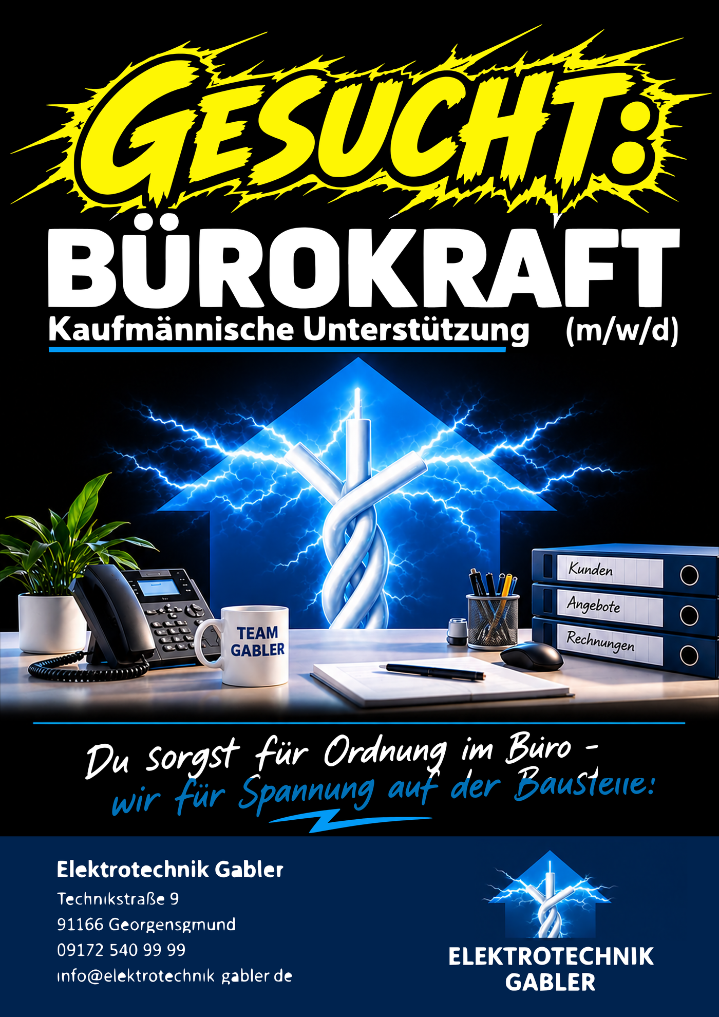 Original-Stellenanzeige Bürokraft (m/w/d), Seite 1: Titelbild mit Blitz-Haus-Logo und Kontaktdaten – Elektrotechnik Gabler, Technikstraße 9, 91166 Georgensgmünd