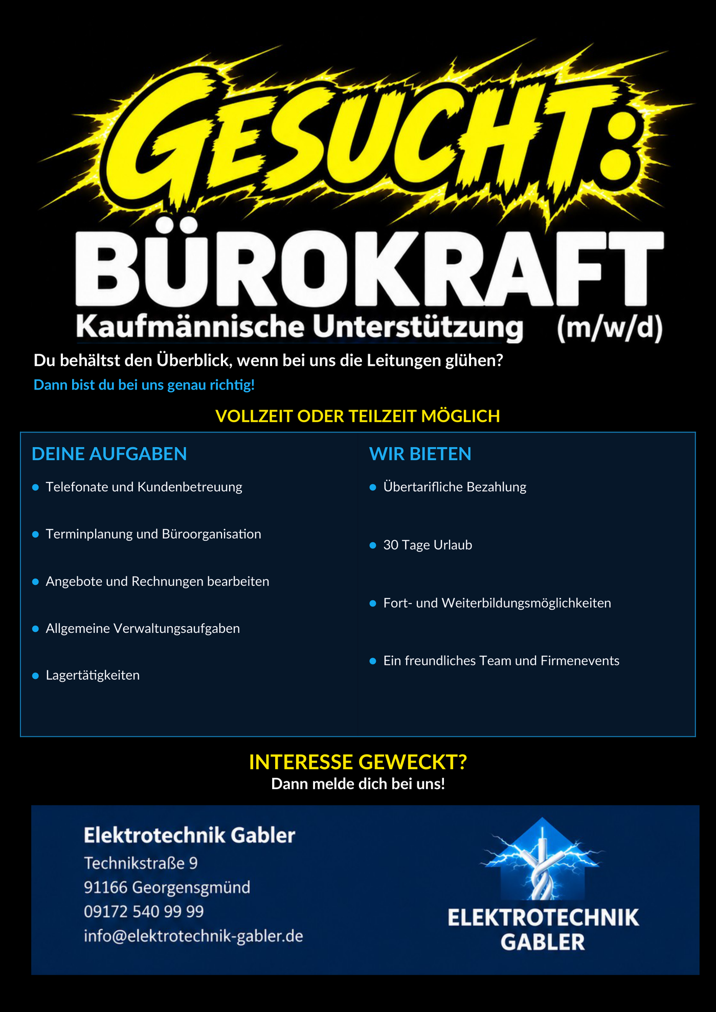 Original-Stellenanzeige Bürokraft (m/w/d), Seite 2: Aufgaben inklusive Lagertätigkeiten sowie Leistungen und Kontakt – Elektrotechnik Gabler, Technikstraße 9, 91166 Georgensgmünd