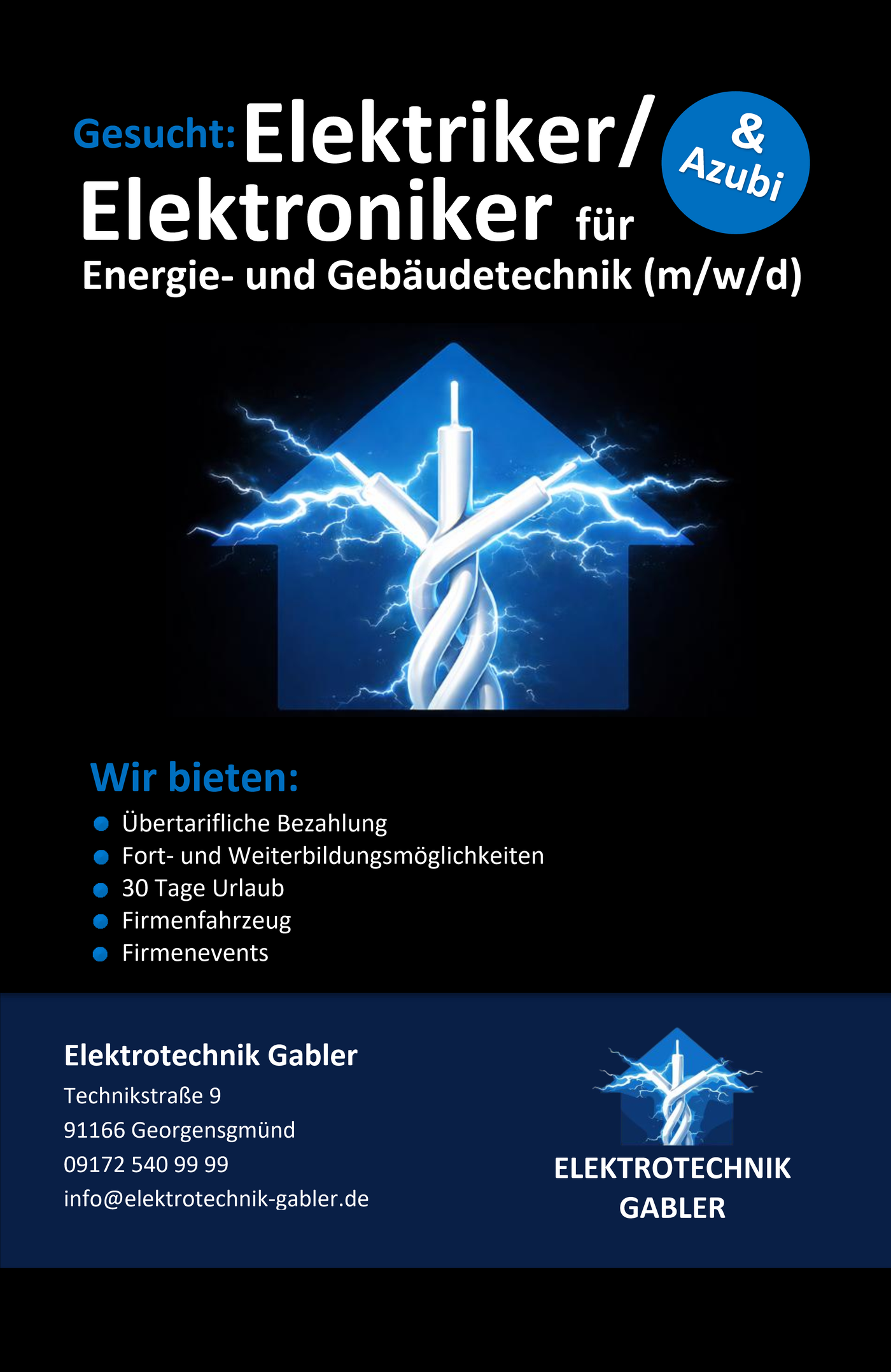 Original-Stellenanzeige Elektriker (m/w/d) für Energie- und Gebäudetechnik – Elektrotechnik Gabler, Technikstraße 9, 91166 Georgensgmünd